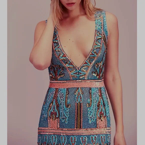 🥳HP Rachel Zoe x Free People Kyra 2/XS Limited Ed Handmade Allover Beaded Gown - Picture 4 of 7